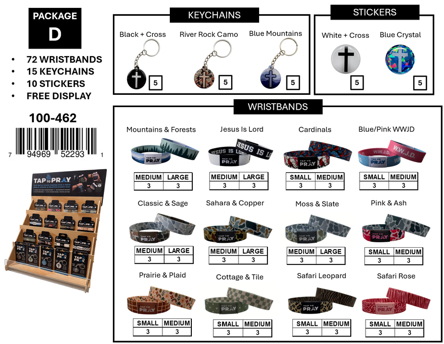 Tap To Pray- Free Display Package D: 72 Wristbands + 15 Keychains + 10 Stickers + 1 Display