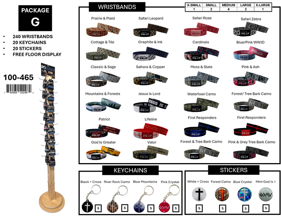 Tap To Pray- Free Display Package G: 240 Wristbands + 20 Keychains + 20 Stickers + 1 Display