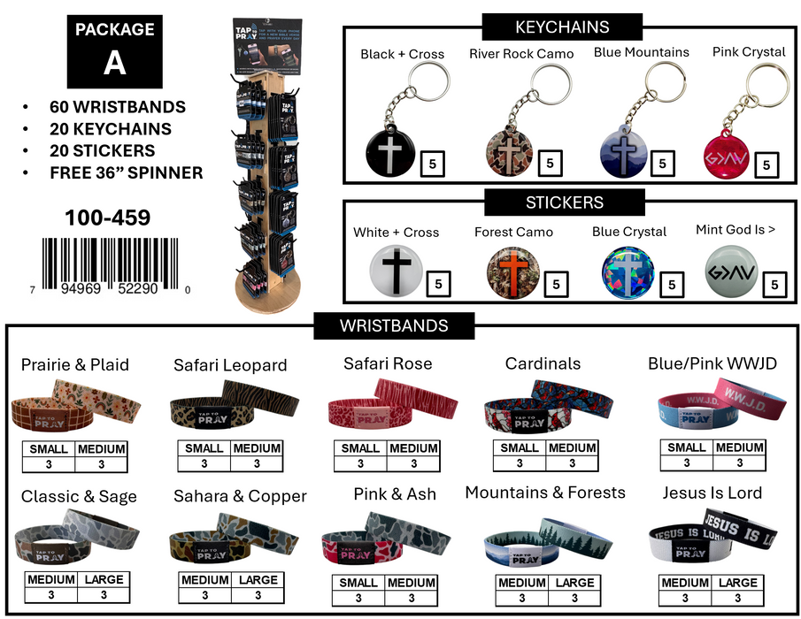 Tap To Pray- Free Display Package A: 60 Bracelets + 20 Keychains + 20 Stickers + 1 Display