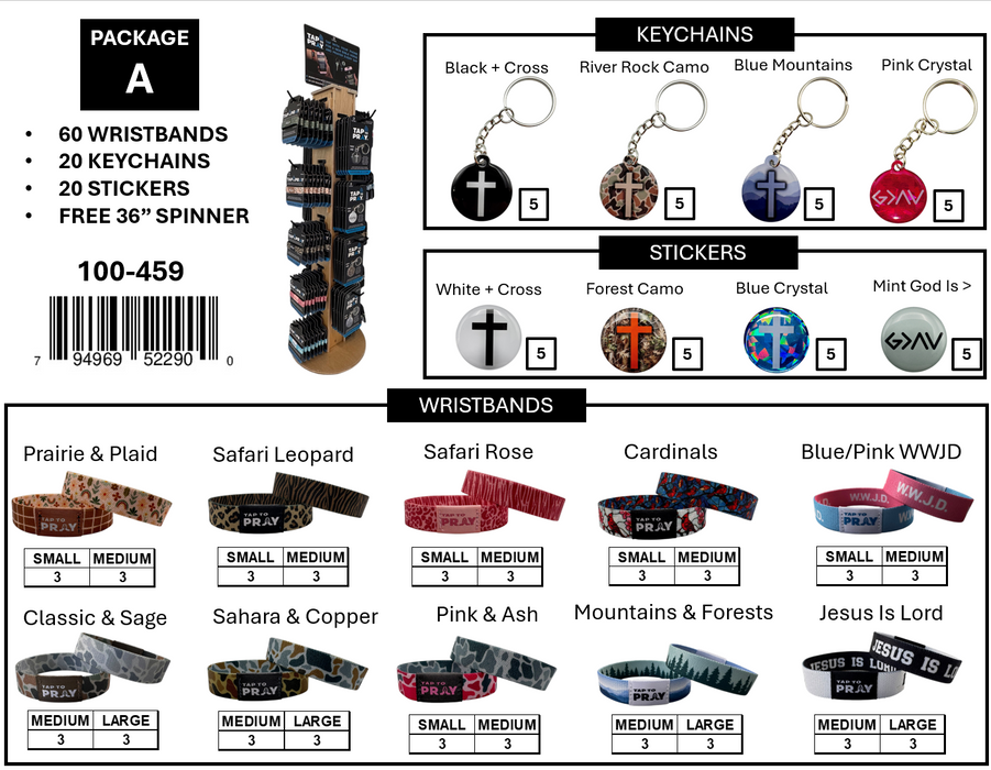 Tap To Pray- Free Display Package A: 60 Bracelets + 20 Keychains + 20 Stickers + 1 Display