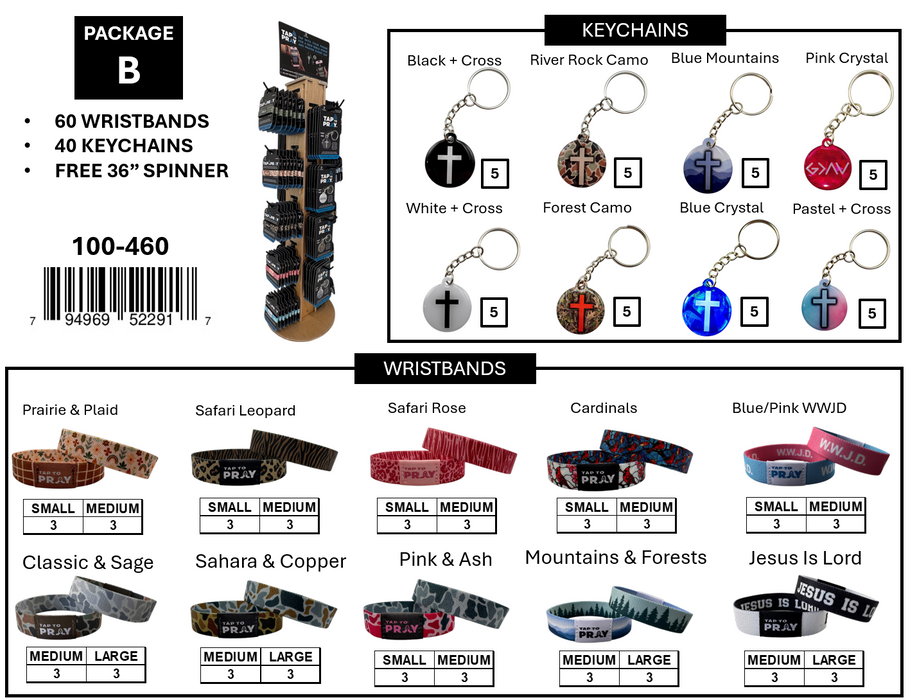Tap To Pray- Free Display Package B: 60 Bracelets + 40 Keychains + 1 Display
