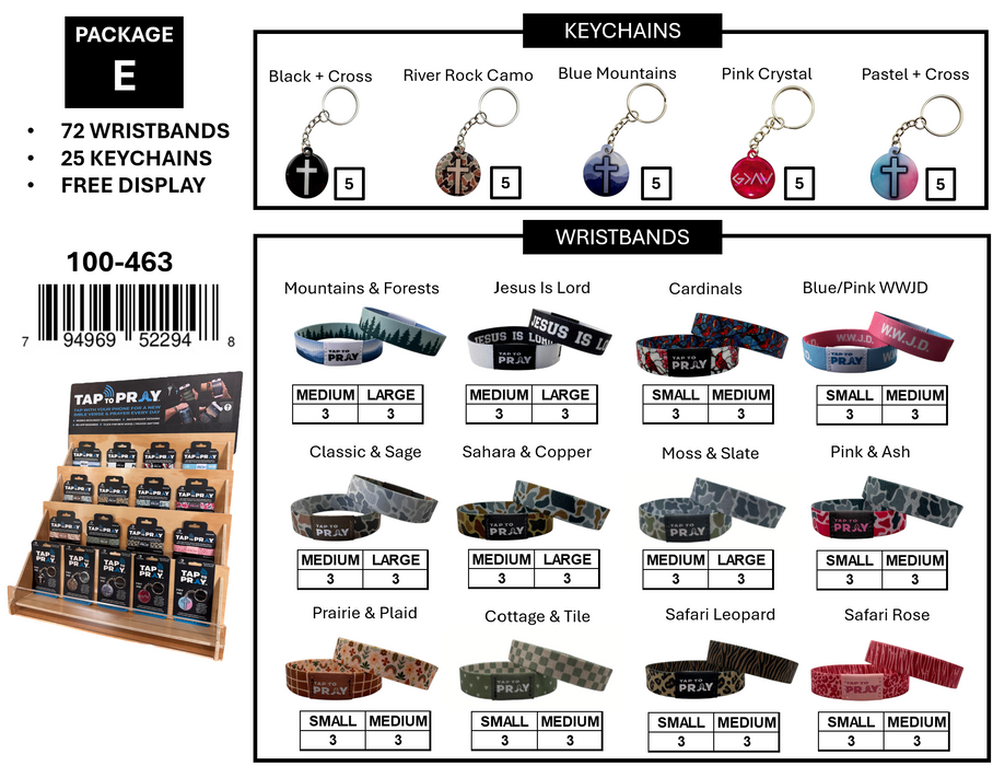 Tap To Pray- Free Display Package E: 72 Wristbands + 25 Keychains + 1 Display